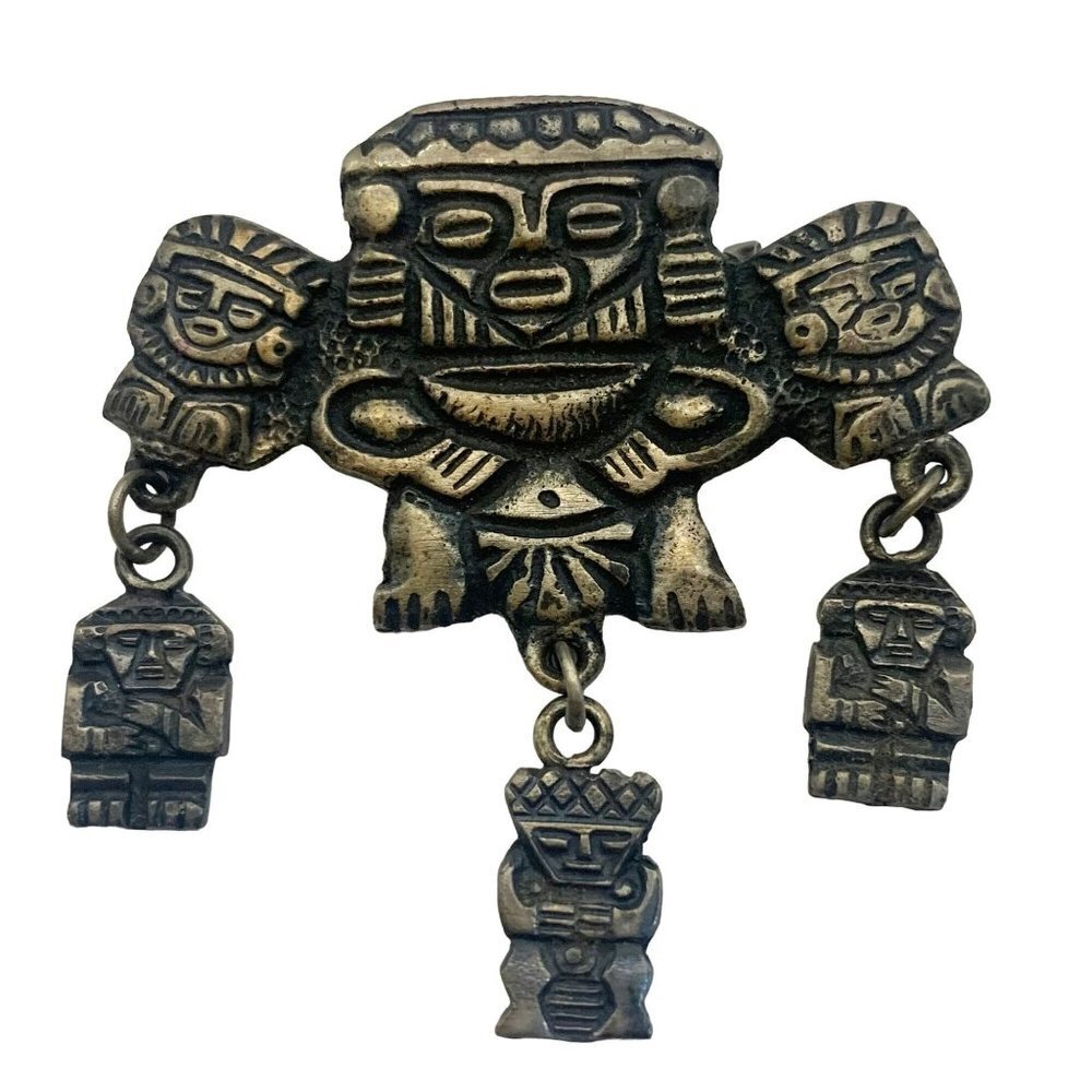 Vintage Aztec Inca Style Sterling Silver Tiki Man Brooch